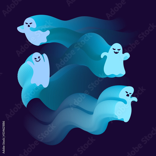 Set of blue ghosts in flight.