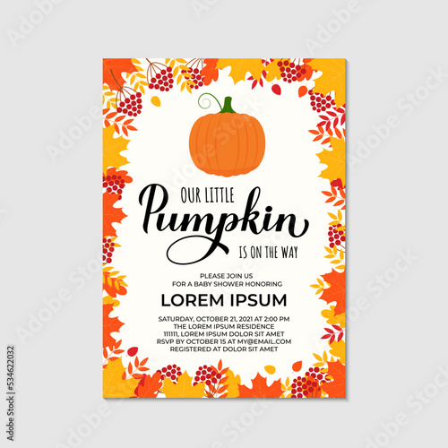 Our Little Pumpkin is on the way. Fall Baby Shower invitation card. Vector template