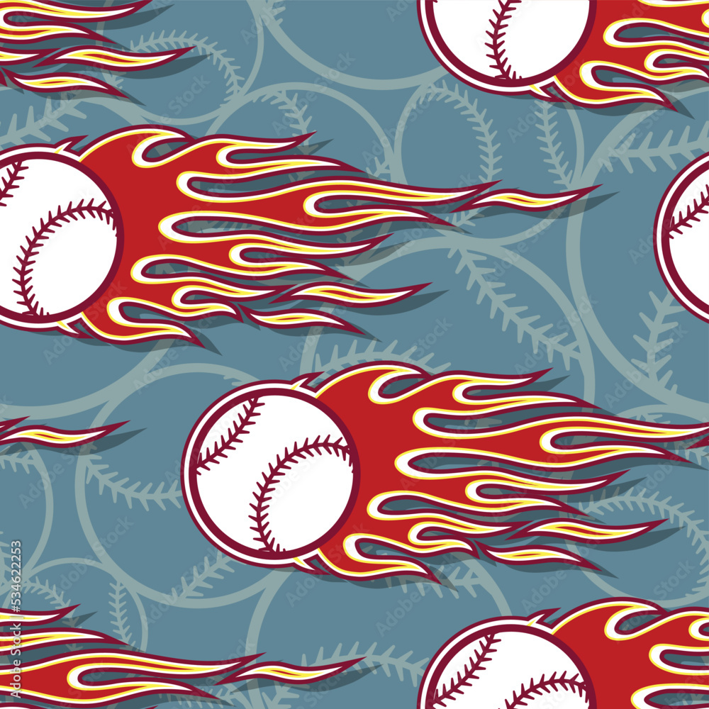 Baseball balls seamless pattern with fire flame. vector graphic wallpaper packaging fabric textile wrapping paper design