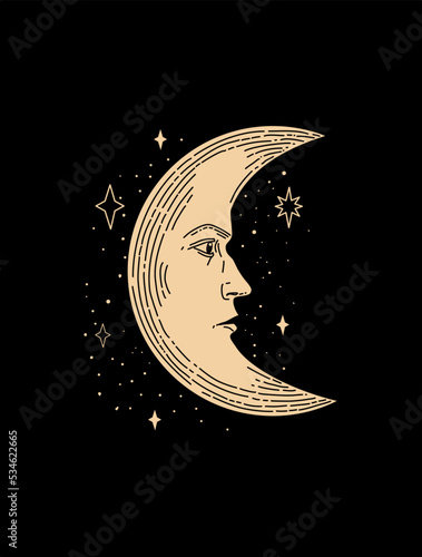 Illustration of the month in the starry sky. Hand-drawn celestial illustrations depicting the moon and stars. Design elements for decoration in modern style. magical drawings. Vector modern print.