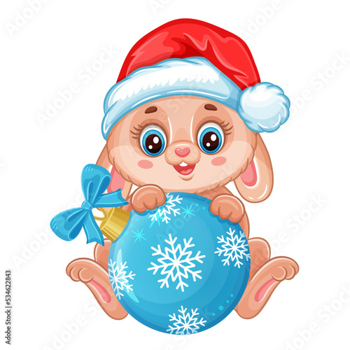 Christmas rabbit in red holiday Santa hat with Xmas tree ball. Happy Chinese New Year. Cute baby bunny with decorative fir toy. Cartoon hare animal. Oriental zodiac sign. Winter greeting card. Vector