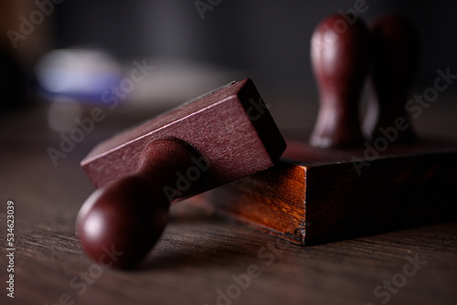 Woden vintage hand stamps close up shot. High quality photo