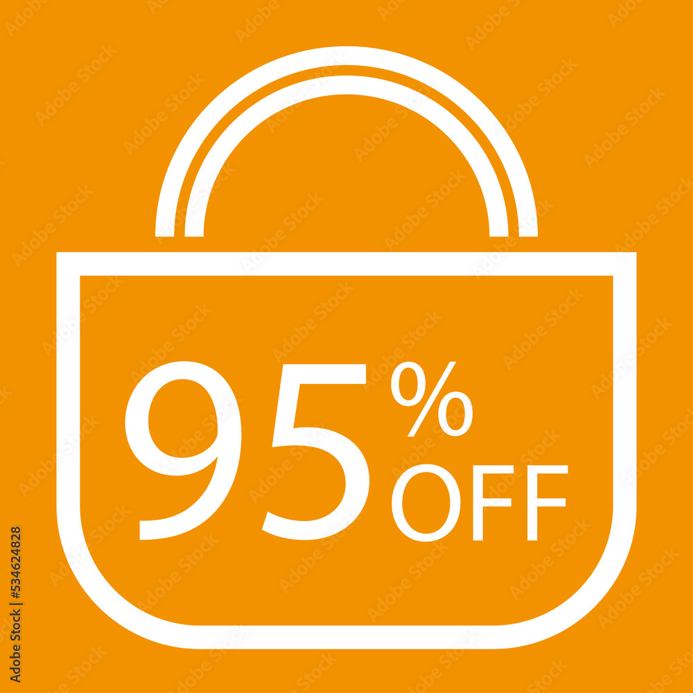 95 percent off. Orange banner with shopping bag illustration. 95 percent off. Orange banner with shopping bag illustration.