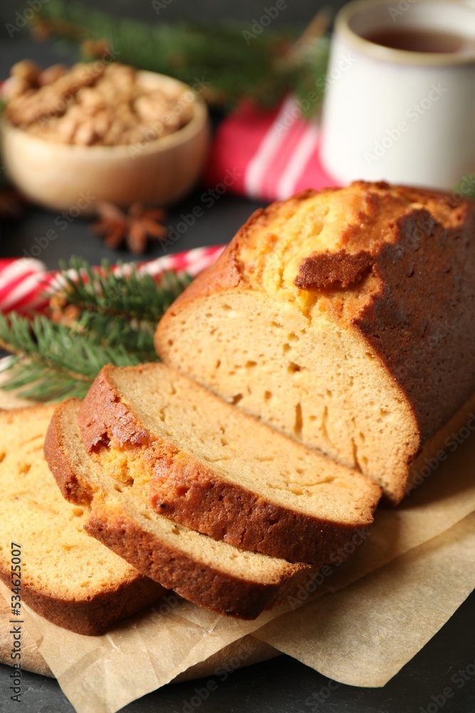 Fresh sliced gingerbread cake on table, closeup Fresh sliced gingerbread cake on table, closeup