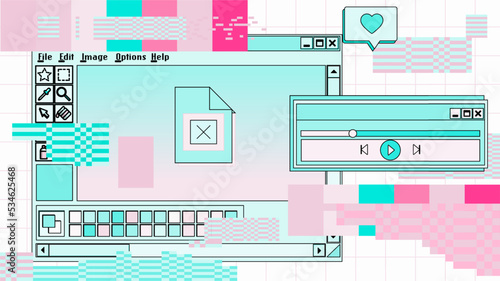 Collage of user interface elements in pastel pink colors. Vaporwave retro style collage of icons and window boxes.