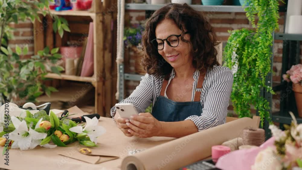 Middle age woman florist smiling confident using smartphone at flower shop Middle age woman florist smiling confident using smartphone at flower shop