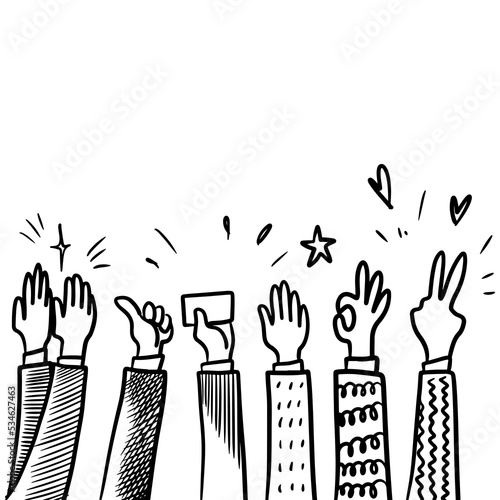 Applause hand draw, doodle clapping ovation. thumbs up gesture isolated on white background , vector illustration.