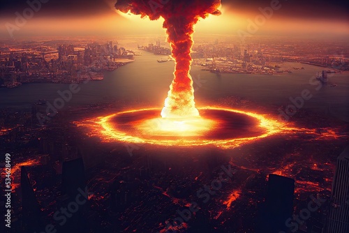 Drone view of a nuclear explosion occurring in a New York city, Manhattan during an apocalyptic war or meteor impact with a fire mushroom cloud. 3D illustration.