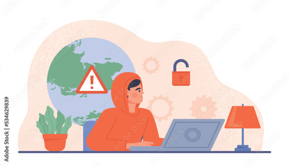 Cyber attack concept. Hacker sitting at laptop, danger on Internet and scammer online. Character hacks email and steals personal data. Web security and safety. Cartoon flat vector illustration Cyber attack concept. Hacker sitting at laptop, danger on Internet and scammer online. Character hacks email and steals personal data. Web security and safety. Cartoon flat vector illustration