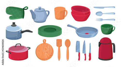 Kitchen tools set. Collection of utensils for preparing food. Frying pans, saucers, mugs and cups, forks, knives and spoons, teapots. Cartoon flat vector illustrations isolated on white background