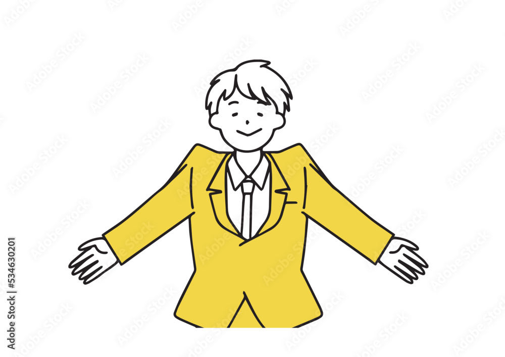 
 両手を広げてリラックスしているスーツ姿の若い男性　シンプルな線の人物イラスト
