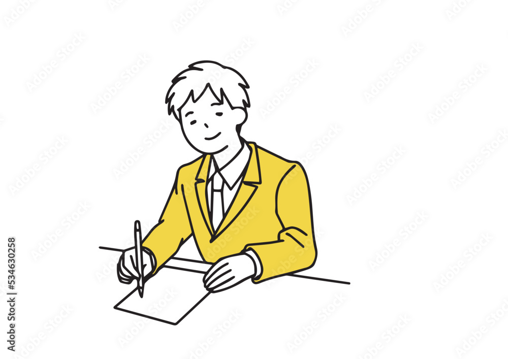 問題を解いている男子生徒 シンプルな線の人物イラスト 問題を解いている男子生徒 シンプルな線の人物イラスト