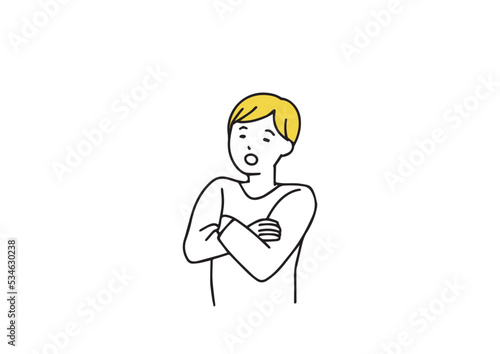 腕組みをして考えている男性　シンプルな線の人物イラスト