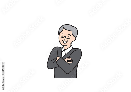 腕組みをして考えている高齢男性　シンプルな線の人物イラスト