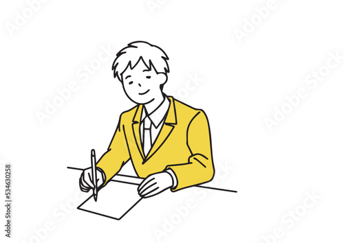 問題を解いている男子生徒　シンプルな線の人物イラスト