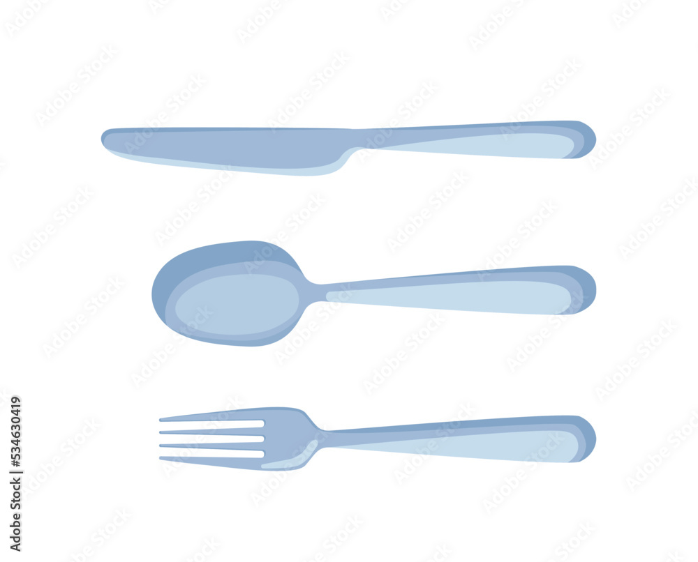 Set of spoons and forks. Kitchen utensils, cooks equipment for serving and eating. Collection of aluminum tablewares for food and dishes. Cartoon flat vector illustrations isolated on white background Set of spoons and forks. Kitchen utensils, cooks equipment for serving and eating. Collection of aluminum tablewares for food and dishes. Cartoon flat vector illustrations isolated on white background