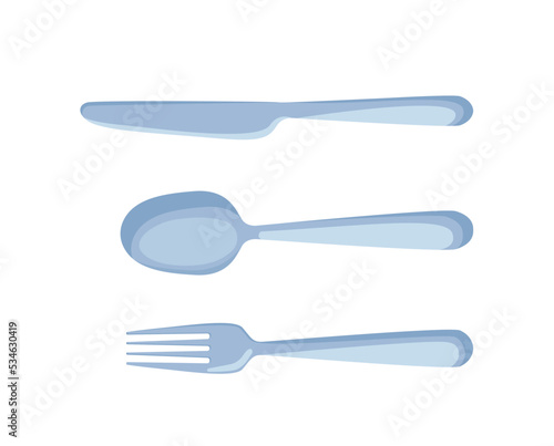 Set of spoons and forks. Kitchen utensils, cooks equipment for serving and eating. Collection of aluminum tablewares for food and dishes. Cartoon flat vector illustrations isolated on white background