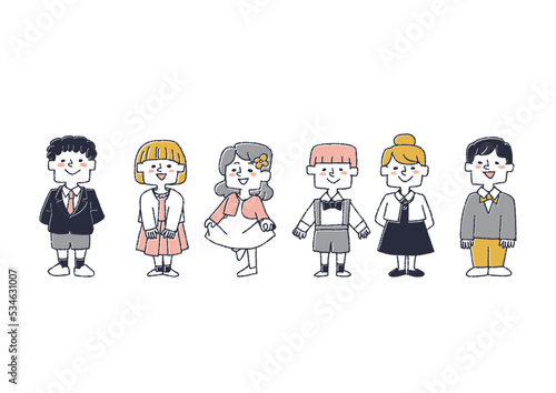 よそいきのおしゃれをした子供達のイラスト　コミカルな手書きの人物　