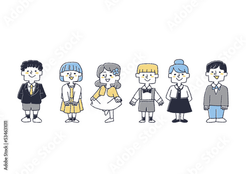 よそいきのおしゃれをした子供達のイラスト　コミカルな手書きの人物　