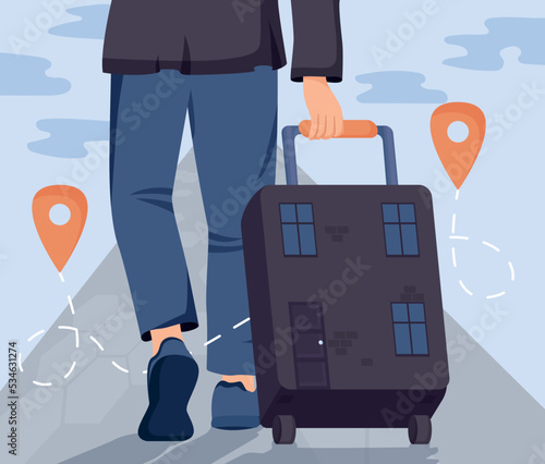 Concept of refugee. Man walks with old and dirty suitcase. Immigration and escape from dangerous places and countries. Character leaves home and home country. Cartoon flat vector illustration