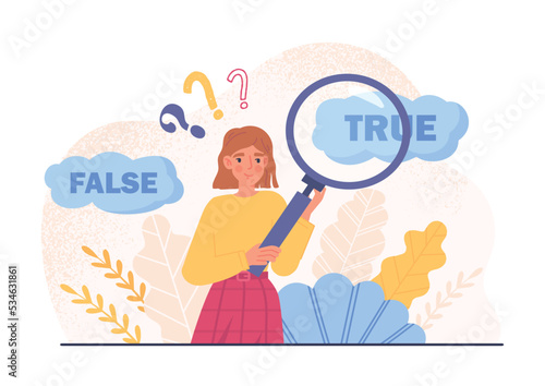 Woman choose true. Young girl with magnifying glass separates truth from lies. Evaluation of news and fight against unscrupulous mass media. Information analysis. Cartoon flat vector illustration