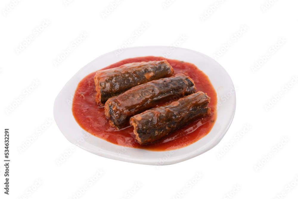 Tinned fish on plate,Canned Mackerel in red sauce on plate isolated on white Tinned fish on plate,Canned Mackerel in red sauce on plate isolated on white