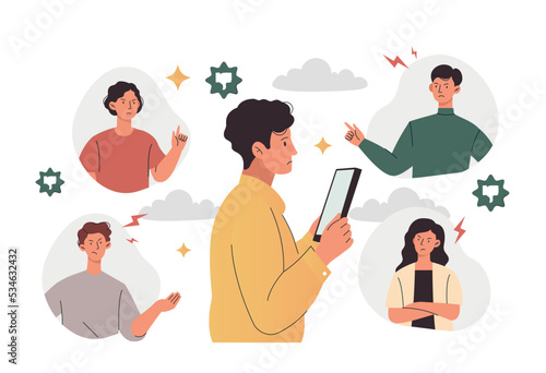 Cyber bullying concept. Boys and girls insult teenager in social networks. Ridicule and resentment, passive aggression. Internet communication and discrimination. Cartoon flat vector illustration