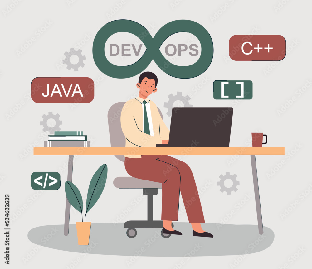DevOps process concept. Man sits at laptop and writes code, develops software, applications and programs. IT specialist in office, modern digital technology. Cartoon flat vector illustration DevOps process concept. Man sits at laptop and writes code, develops software, applications and programs. IT specialist in office, modern digital technology. Cartoon flat vector illustration