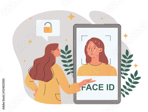 Face ID concept. Woman confirms personality, modern methods of authorization. Character opens account. Modern technologies, digital world and innovations metaphor. Cartoon flat vector illustration