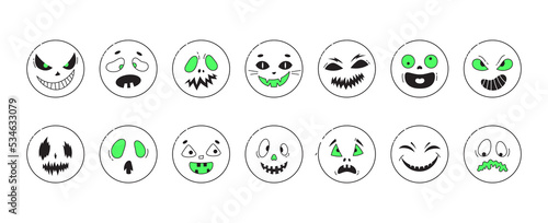 Halloween face icon set. Spooky rounded smile sticker on white background. Design for the holiday Halloween. Vector circle face illustration.