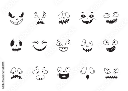 Creepy halloween faces set. Vector horror funny mouths with eyes collection. 