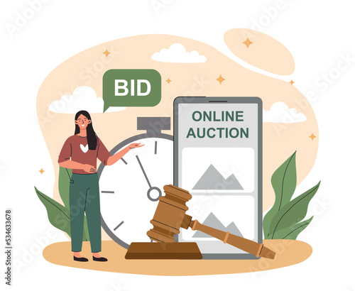 Online auction concept. Woman sells goods on Internet, counts down time for sale of slot. Offer, bid and marketing. Hammer close deal, successful negotiations. Cartoon flat vector illustration