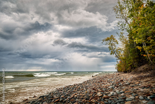 USA, Michigan, Munising, Receding storm clouds at Pictured Rocks National Lak...
