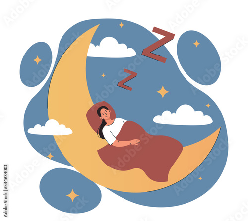 Sleep time concept. Young girl lies on moon, comfort and coziness in apartment, recuperation and bedtime. Dream, fantasy and imagination. Woman rest and relax. Cartoon flat vector illustration