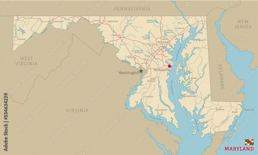 Road map of Maryland, US American federal state. Editable highly detailed transportation map of