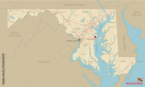 Road map of Maryland, US American federal state. Editable highly detailed transportation map of Maryland with highways and interstate roads, rivers and cities realistic vector illustration