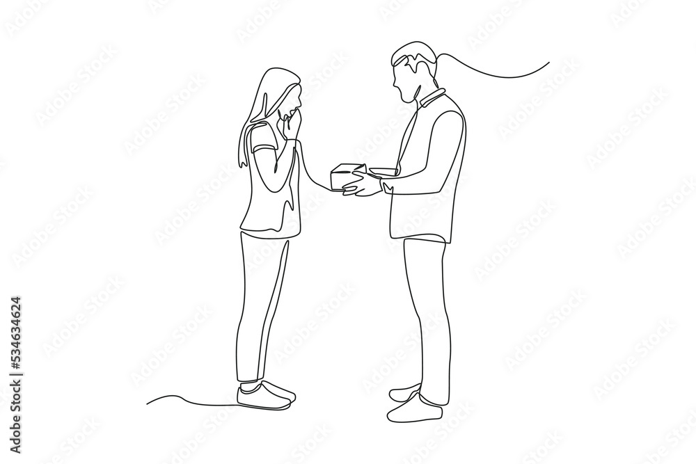 Single one line drawing happy man giving a gift to his girlfriend. Giving season go concept. Continuous line draw design graphic vector illustration. Single one line drawing happy man giving a gift to his girlfriend. Giving season go concept. Continuous line draw design graphic vector illustration.