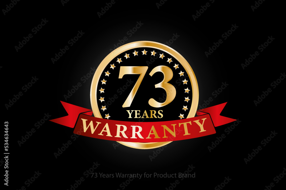 Fototapeta premium 73 years warranty golden logo with ring and red ribbon isolated on black background, vector design for product warranty, guarantee, service, corporate, and your business.