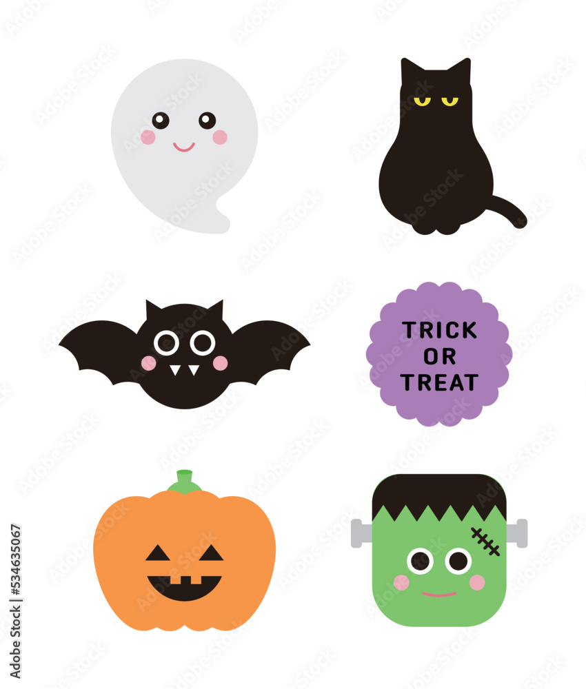 Set of cute character icons for Halloween day concept of autumn season. Ghost, cat, bat, pumpkin, monster.