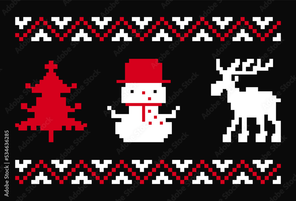 Christmas element pixel art pattern, tree, cat, and moose icons vector Christmas element pixel art pattern, tree, cat, and moose icons vector