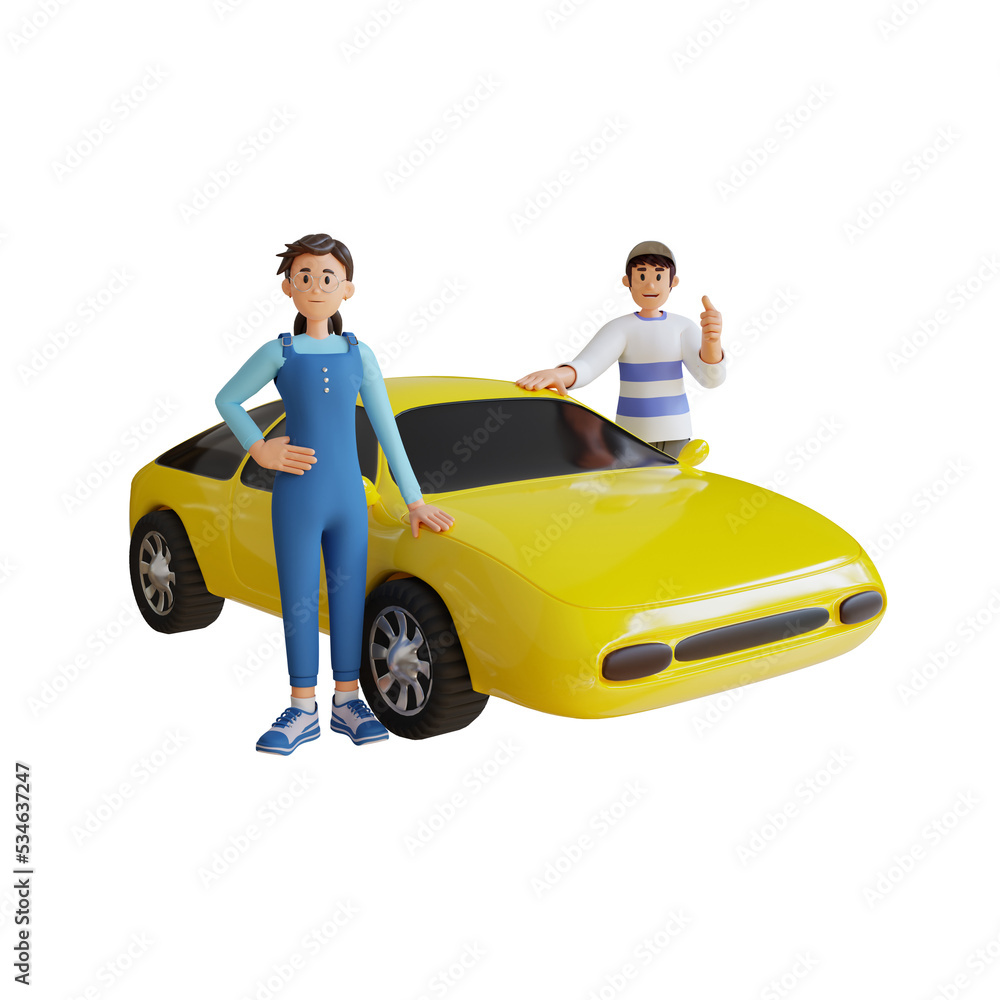 young man and girl standing next to yellow car 3d character illustration young man and girl standing next to yellow car 3d character illustration