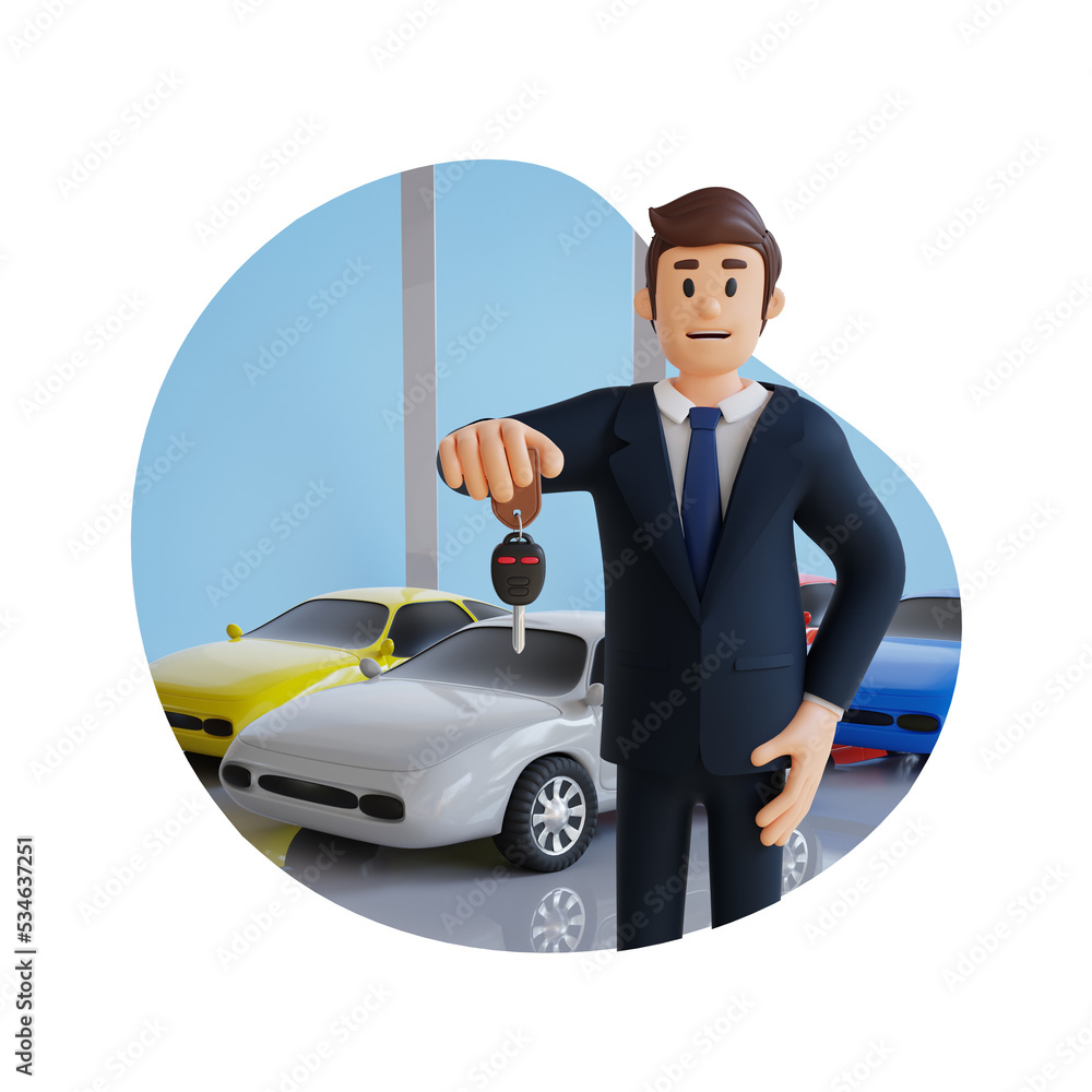 businessman giving a car key 3d character illustration businessman giving a car key 3d character illustration