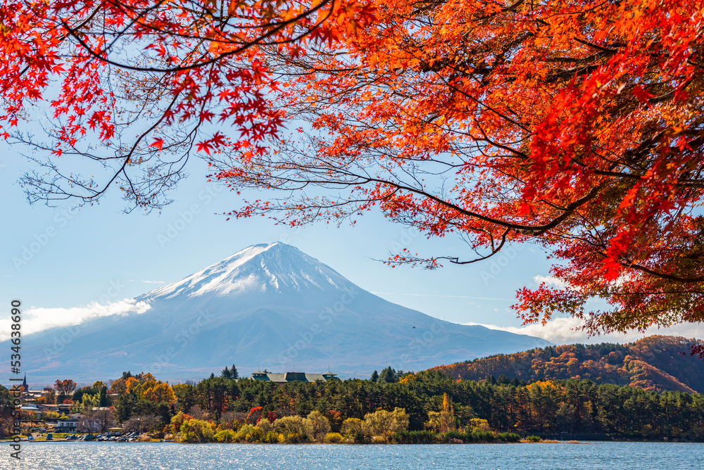 Fuji mountain and Red Maple Tree in autumn at Kawaguchiko Lake, Japan