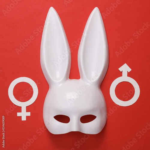 White rabbit mask with long ears from a sex shop and gender symbols on red background