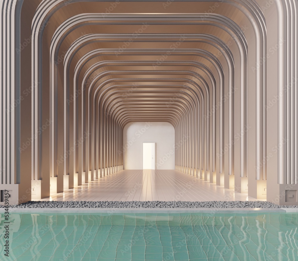 Classic luxury outdoor pool entrance arch. Looking in, there was an open door.3d rendering
