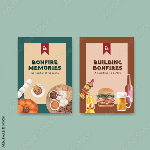 Invite card template with bonfire party concept,watercolor style