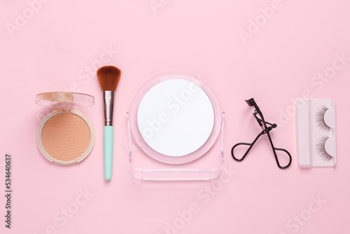 Beauty care accessories on a pink background. Flat lay composition