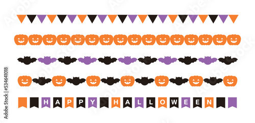 Border illustration line set of cute character icon combination of Halloween day concept of autumn season. Garland flag with 'Happy Halloween' written on it.