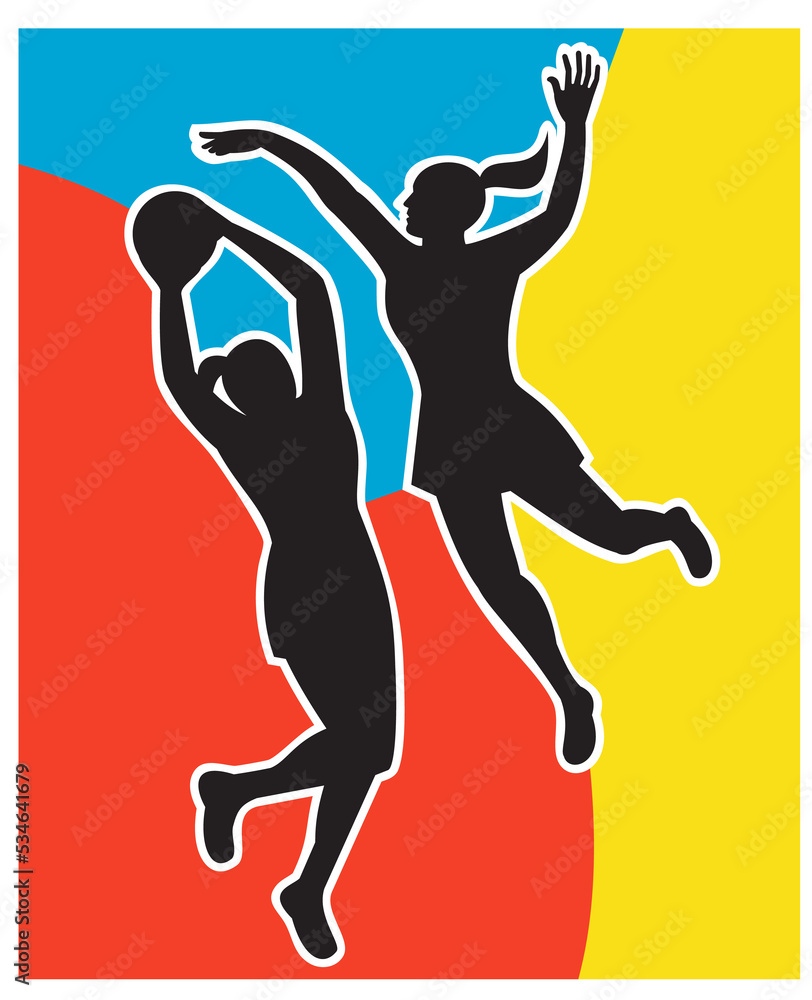 .illustration of two netball players silhouette jumping shooting blocking the ball