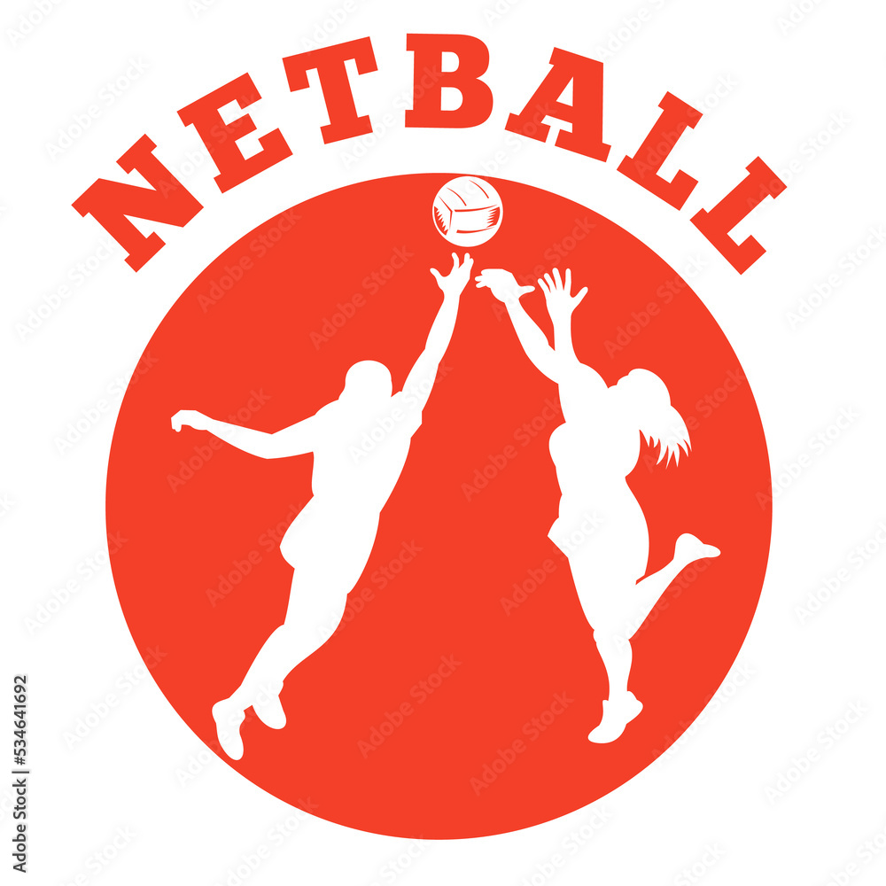 Obraz premium illustration of a netball player jumping and rebounding for ball set inside circle and words 